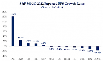 S&P 500 3Q 2022 Expected EPS Growth Rates (Source: Refinitiv)
